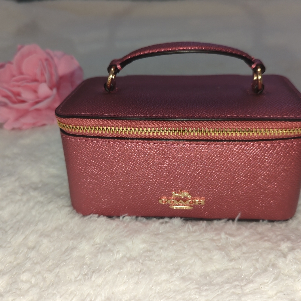 Coach leather Vanity Bag Pink Shimmer Gold Travel Jewelry Case Cosmetic Perfect - Picture 2 of 8